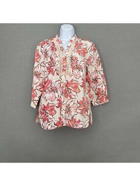 JM Collection Beige Pink Floral Linen Crochet 3/4 Sleeve Top